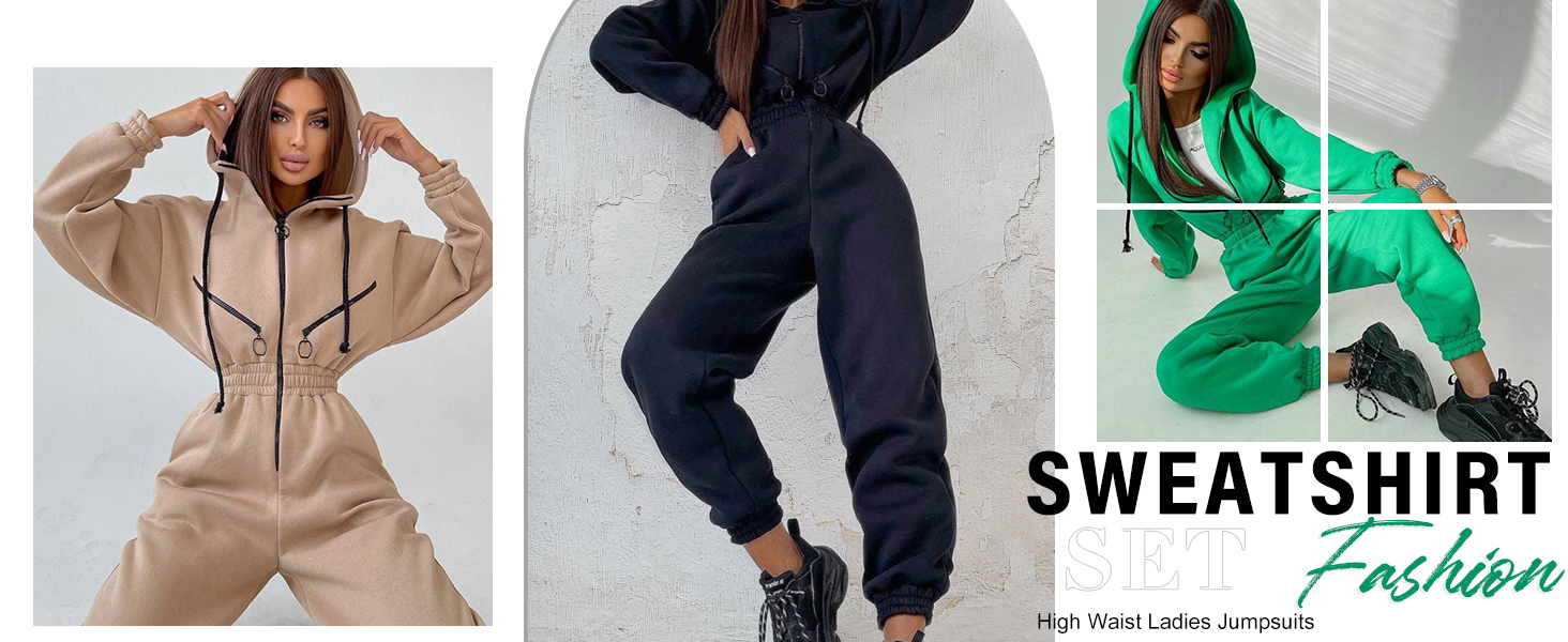 Women Fleece Jumpsuits One Piece Outfits Hooded Sweatshirt Set High Waist Ladies Jumpsuits