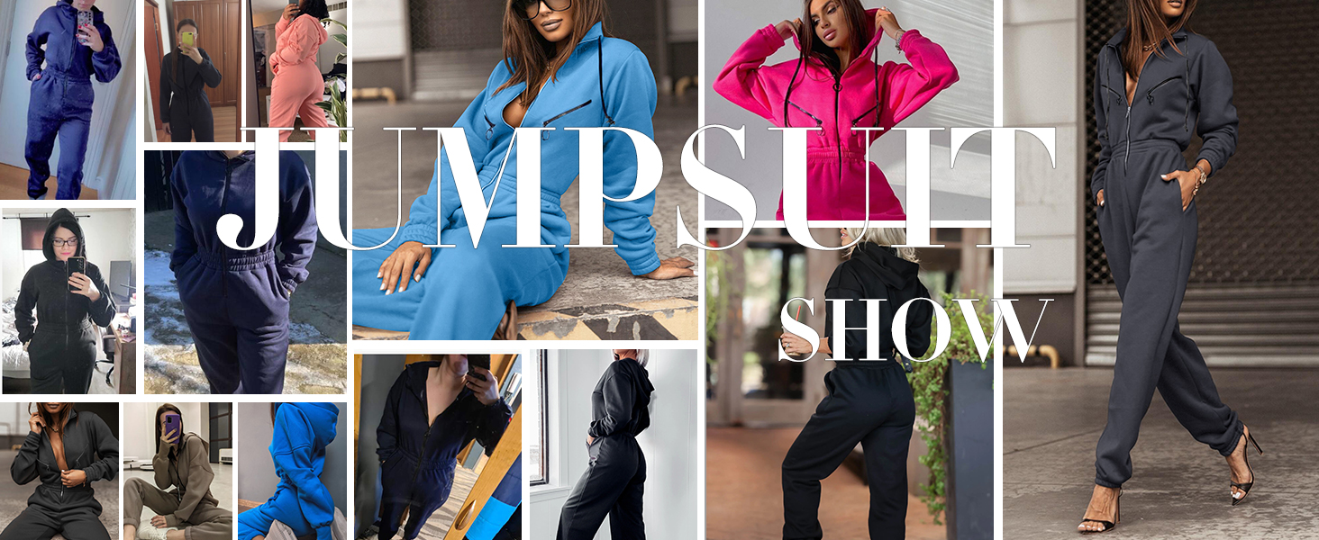 Women Fleece Jumpsuits One Piece Outfits Hooded Sweatshirt Set High Waist Ladies Jumpsuits